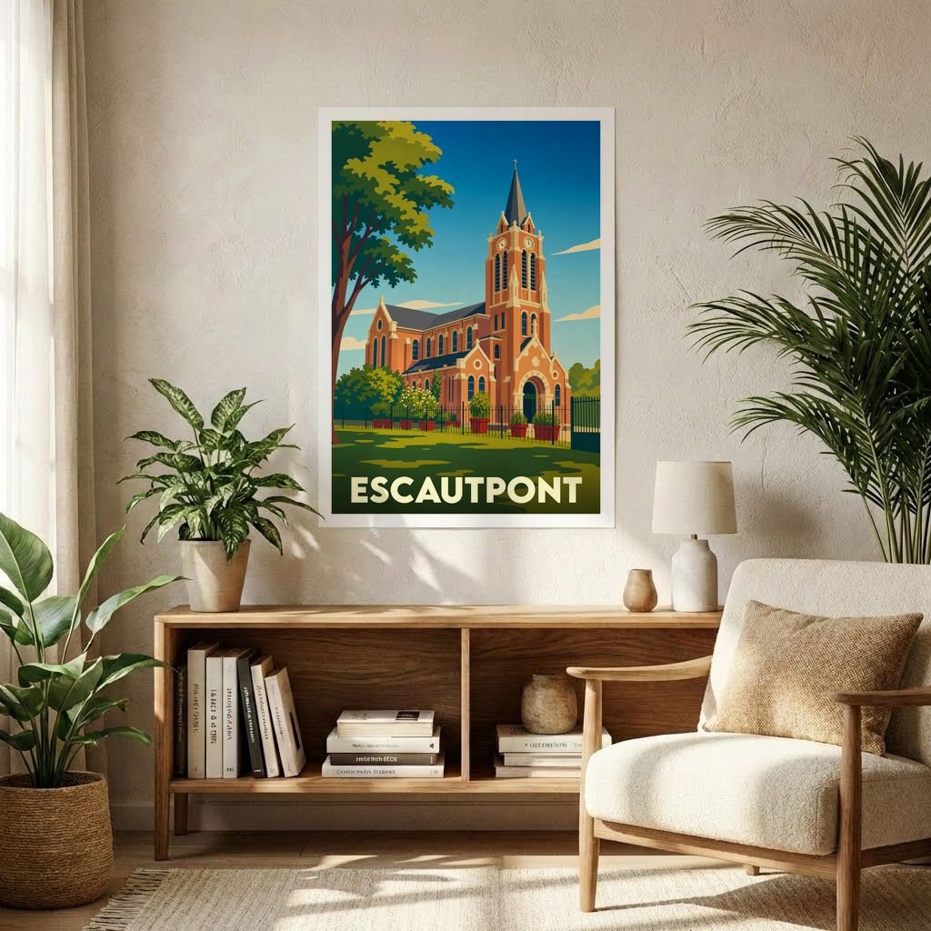 Affiche souvenir de la ville d'Escautpont avec une illustration stylisée de son église.
