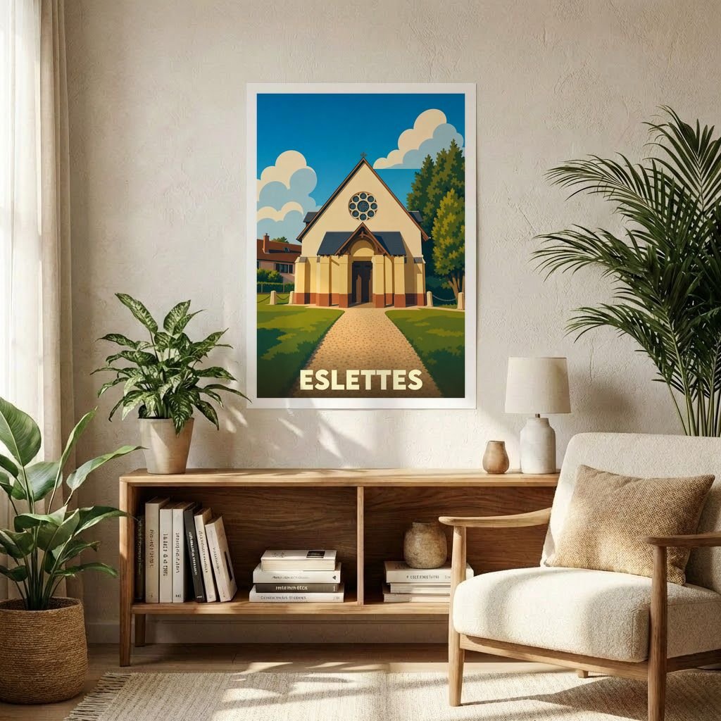 Affiche souvenir de la ville d'Eslettes représentant son église dans un style graphique rétro.