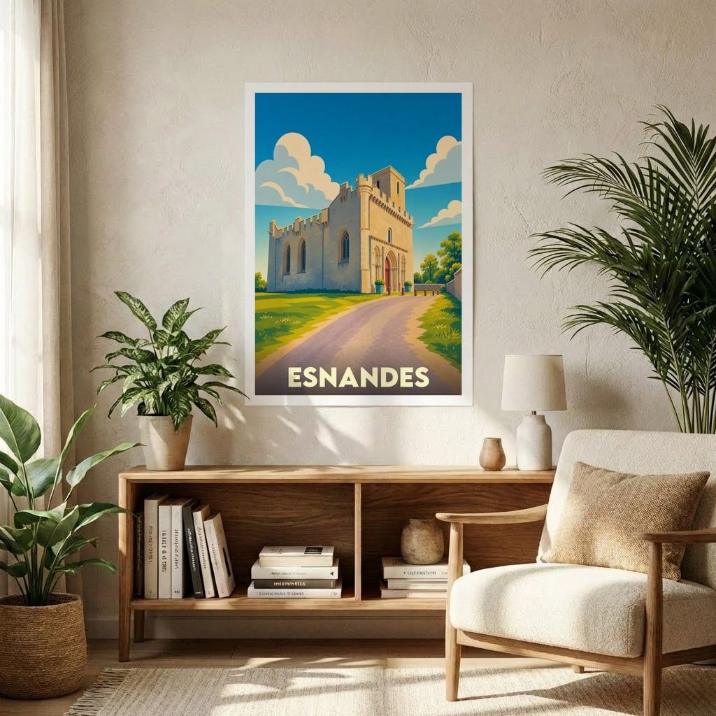 Affiche souvenir de la ville d'Esnandes avec une illustration stylisée d'une église fortifiée.