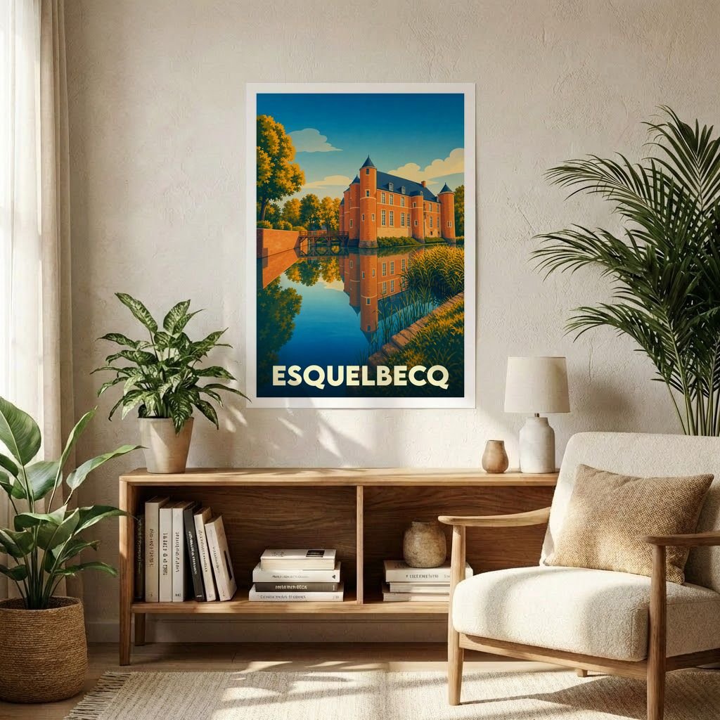 Affiche souvenir de la ville d'Esquelbecq représentant son château illustré dans un style vintage coloré.