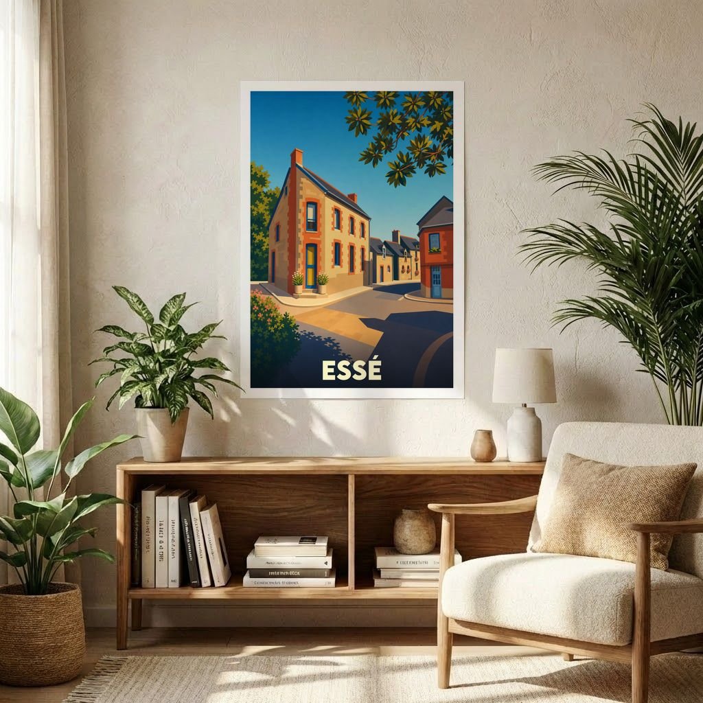 Affiche souvenir de la ville d'Essé avec une illustration stylisée et colorée de ses rues.