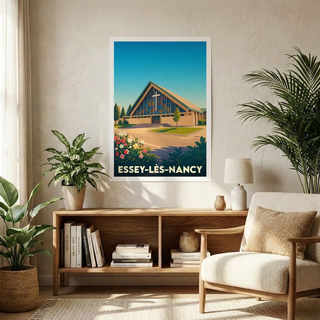 Affiche souvenir de la ville d'Essey-lès-Nancy avec une illustration stylisée de son église moderne.