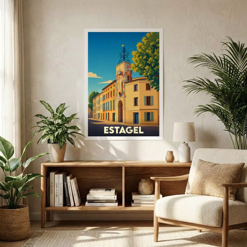 Affiche souvenir de la ville de Estagel avec une illustration stylisée d'un bâtiment emblématique et de sa tour de l'horloge.
