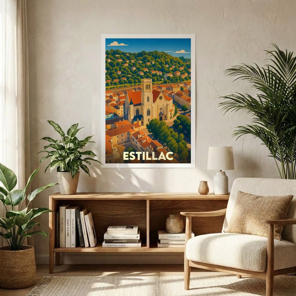Affiche souvenir de la ville d'Estillac présentant une illustration stylisée et colorée de son église et de ses paysages vallonnés.