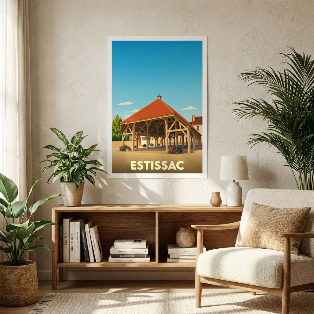 Affiche souvenir de la ville d'Estissac représentant sa halle historique avec une illustration stylisée.