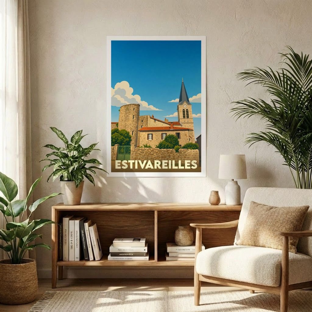 Affiche souvenir de la ville d'Estivareilles avec une illustration stylisée de son église et de ses bâtiments en pierre.