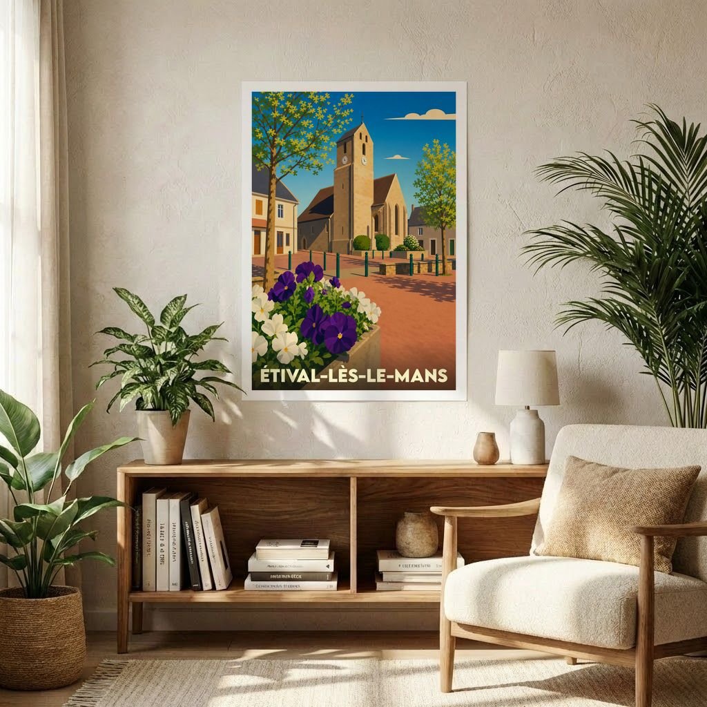 Affiche souvenir de la ville d'Étival-lès-le-Mans avec une illustration stylisée d'une église et de fleurs.
