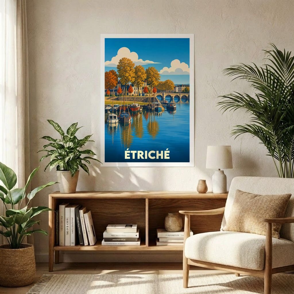Affiche souvenir de la ville d’Étriché présentant une illustration stylisée d'un port fluvial en automne.