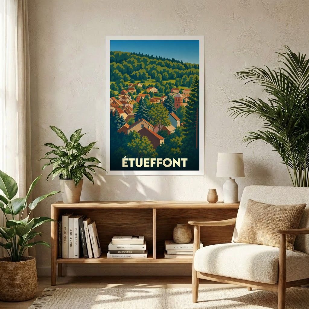 Affiche souvenir de la ville d'Étueffont avec une illustration stylisée de ses maisons nichées au cœur d'une forêt.