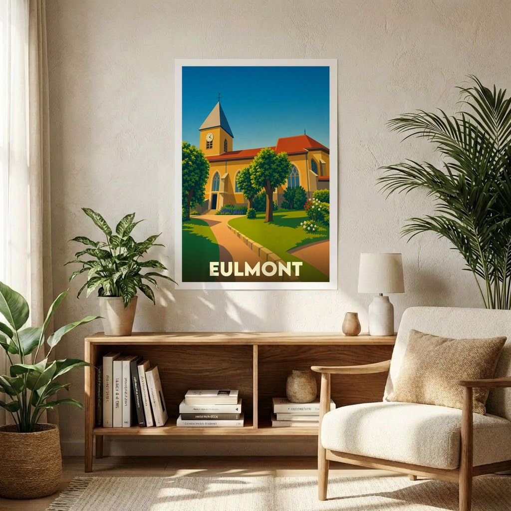 Affiche souvenir de la ville d'Eulmont avec une illustration stylisée de son église sous un ciel bleu.