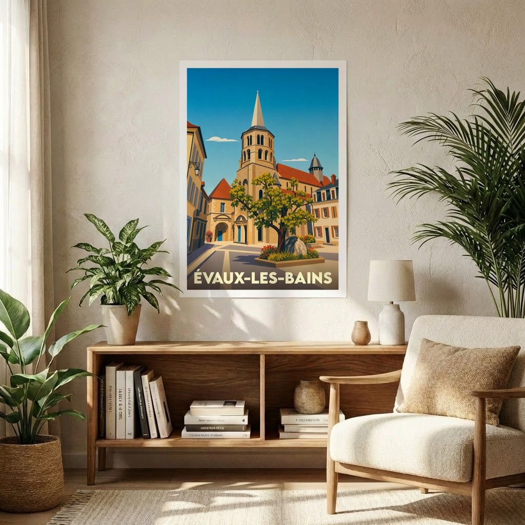 Affiche souvenir de la ville de Évaux-les-Bains avec une illustration stylisée d'une place ensoleillée et de son église.