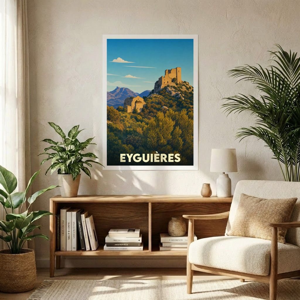Affiche souvenir de la ville d'Eyguières illustrant ses ruines historiques dans un style vintage coloré.