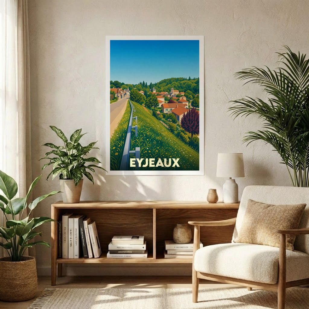 Affiche souvenir de la ville de Eyjeaux avec une illustration stylisée et colorée du paysage local.