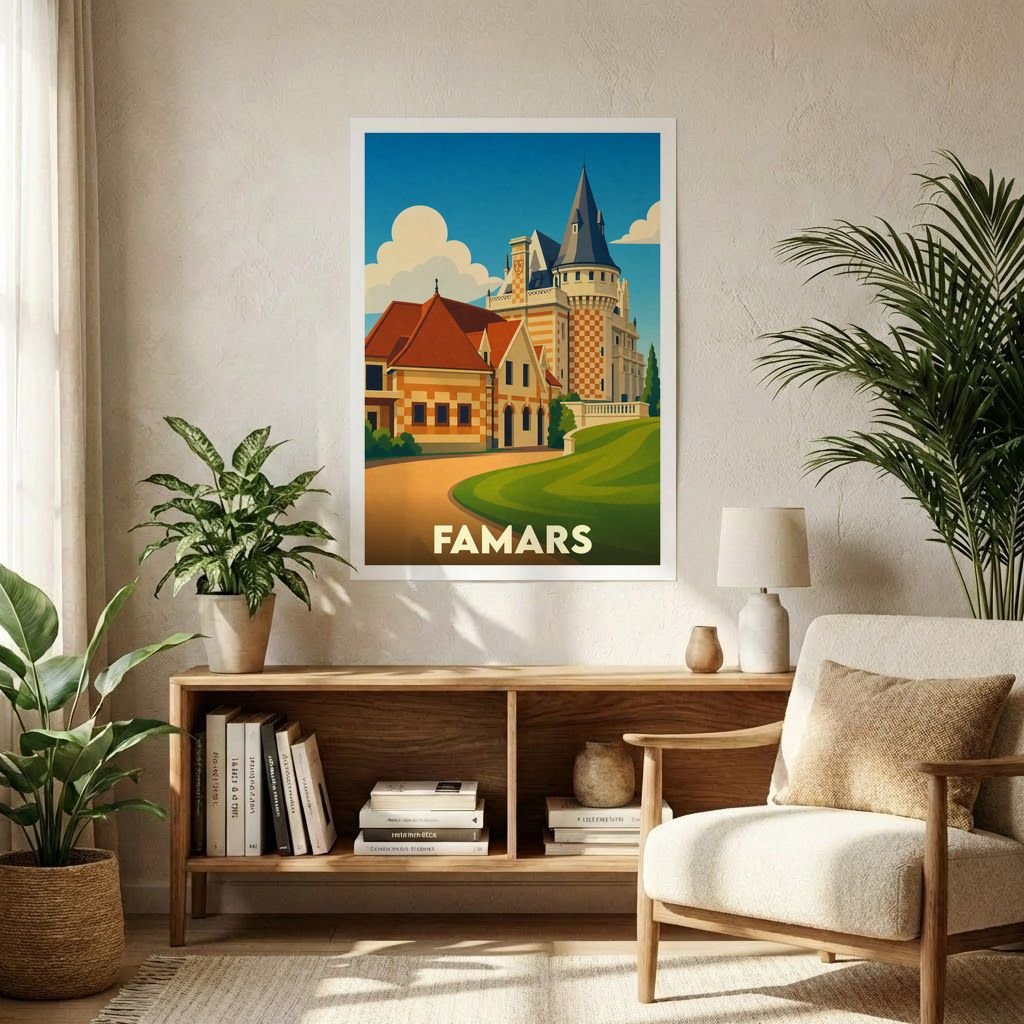 Affiche souvenir de la ville de Famars avec une illustration stylisée d'un château.