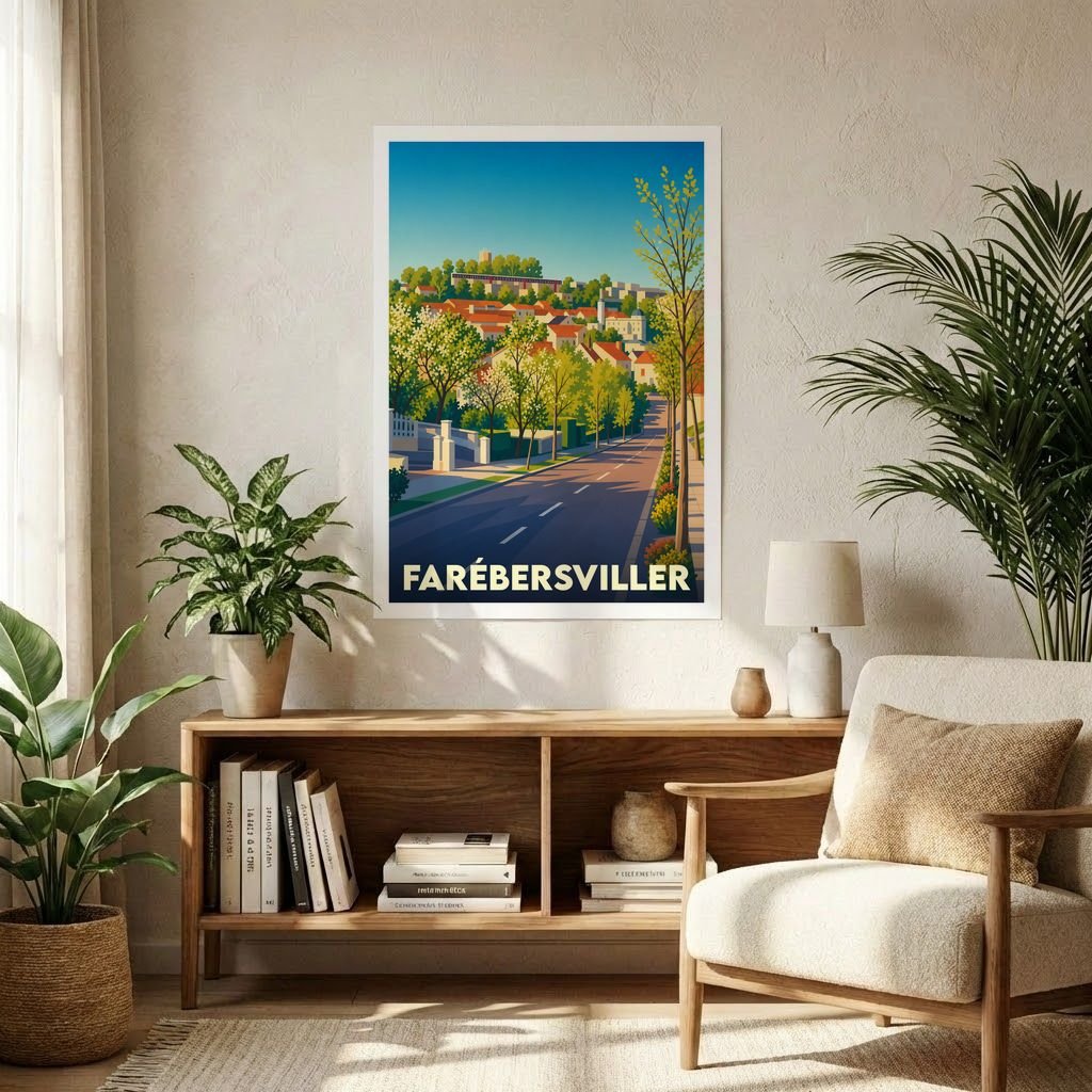 Affiche souvenir de la ville de Farébersviller avec une illustration stylisée et colorée.