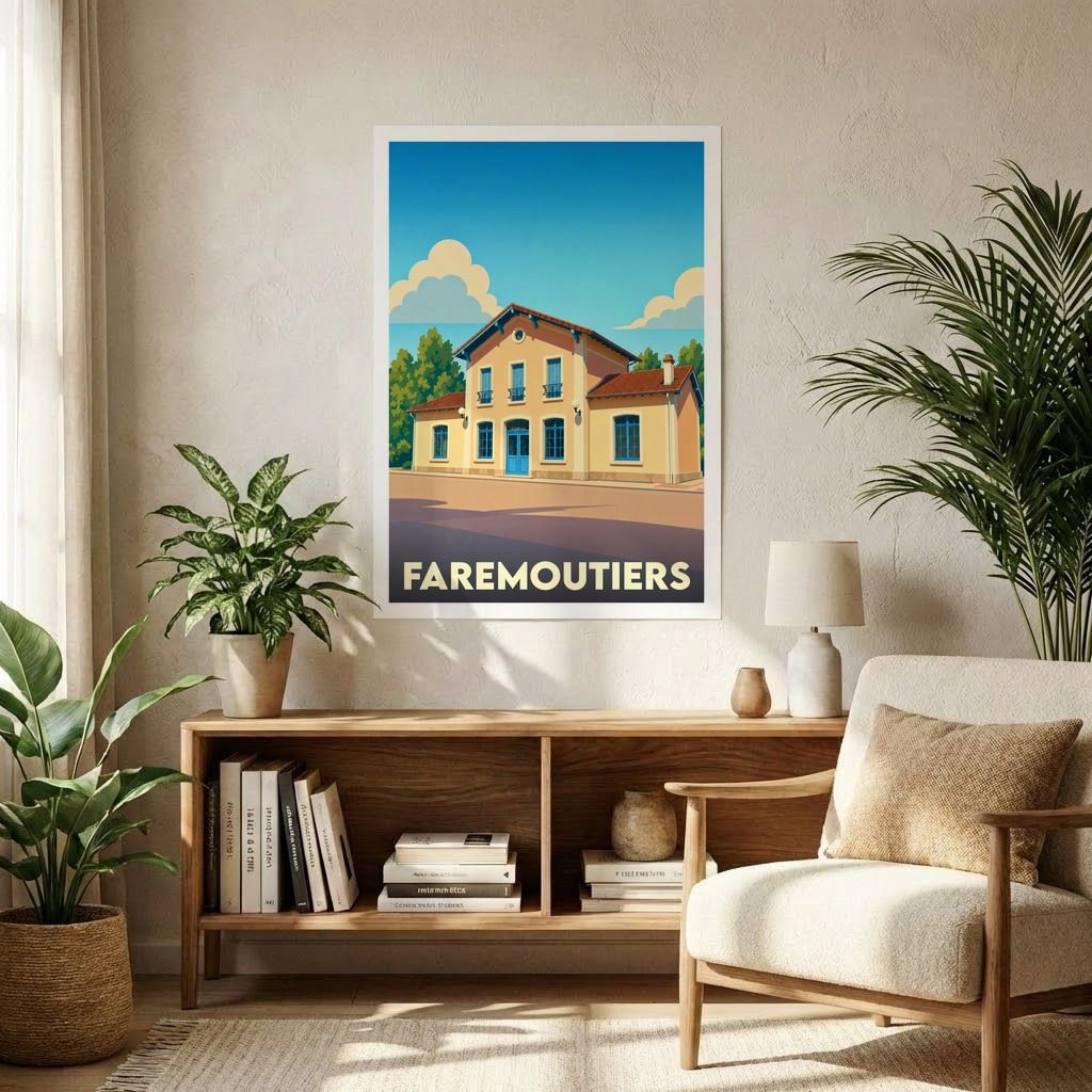 Affiche souvenir de la ville de Faremoutiers illustrant sa gare dans un style vintage épuré.