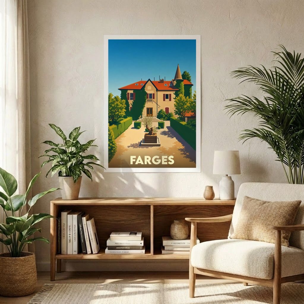 Affiche souvenir de la ville de Farges représentant une demeure historique dans un style graphique épuré.