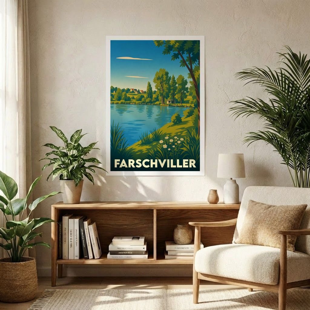 Affiche souvenir de la ville de Farschviller représentant un paysage lacustre avec une illustration stylisée.