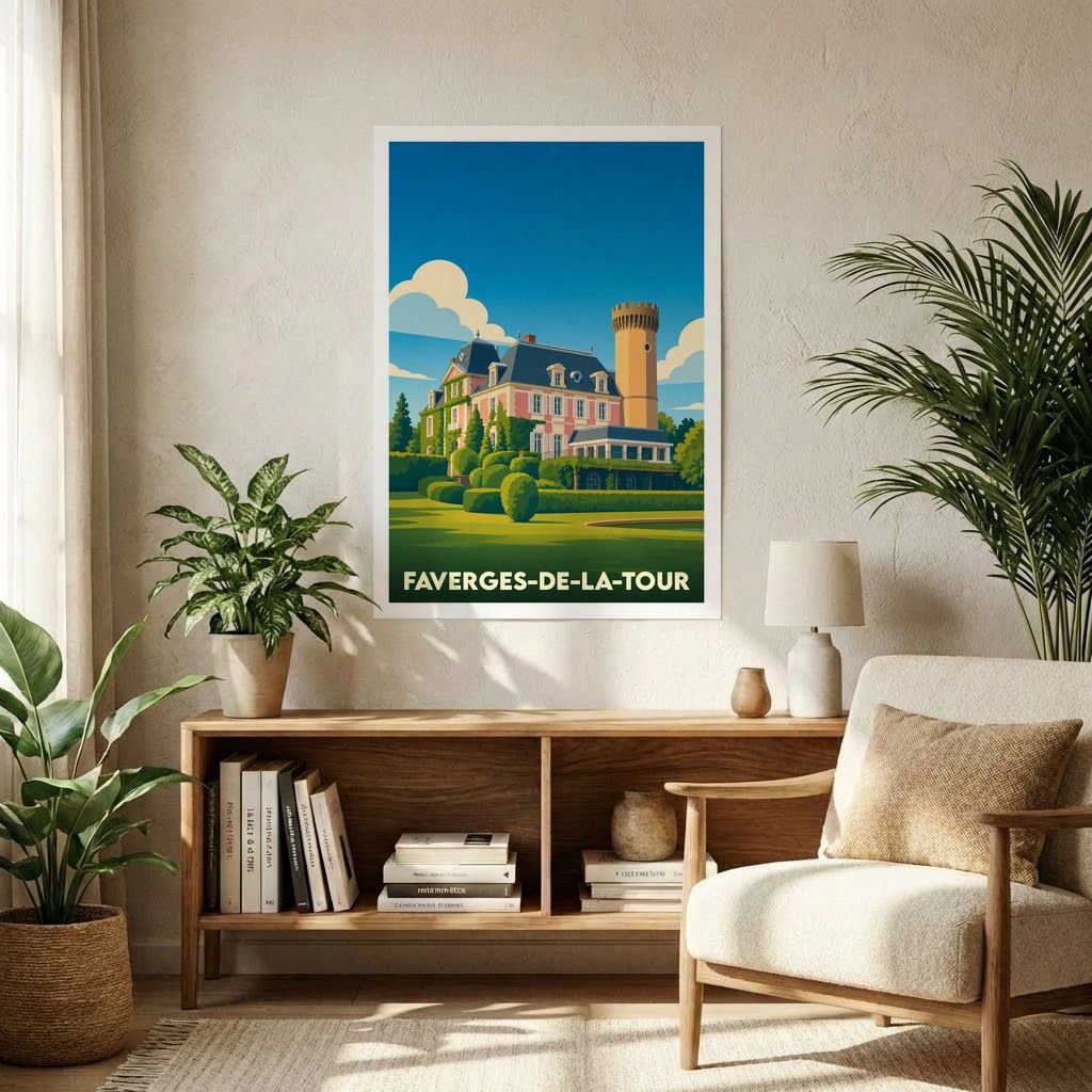 Affiche souvenir de la ville de Faverges-de-la-Tour avec une illustration stylisée de son château.