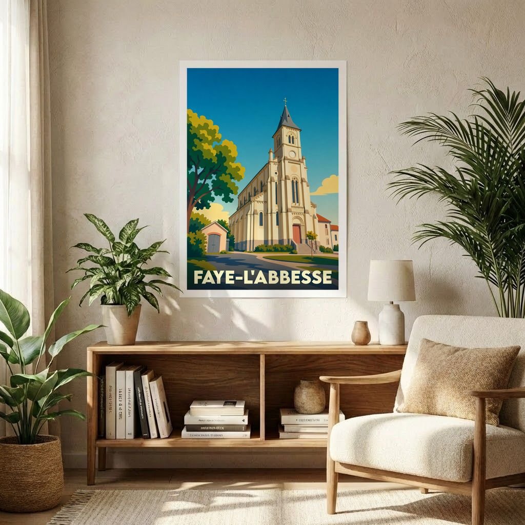Affiche souvenir de la ville de Faye-l'Abbesse avec une illustration stylisée de son église sous un ciel bleu.