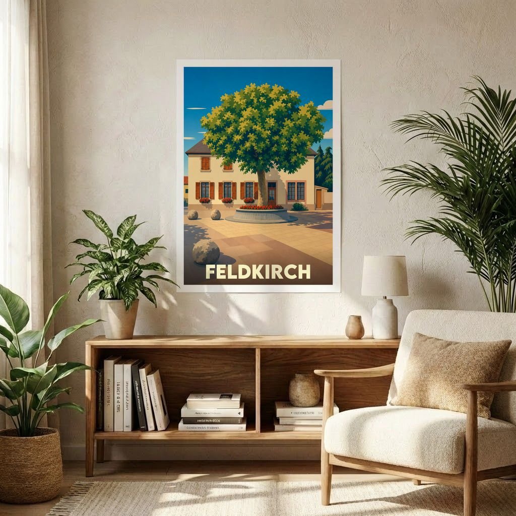 Affiche souvenir de la ville de Feldkirch avec une illustration stylisée d'une place arborée devant une bâtisse traditionnelle.
