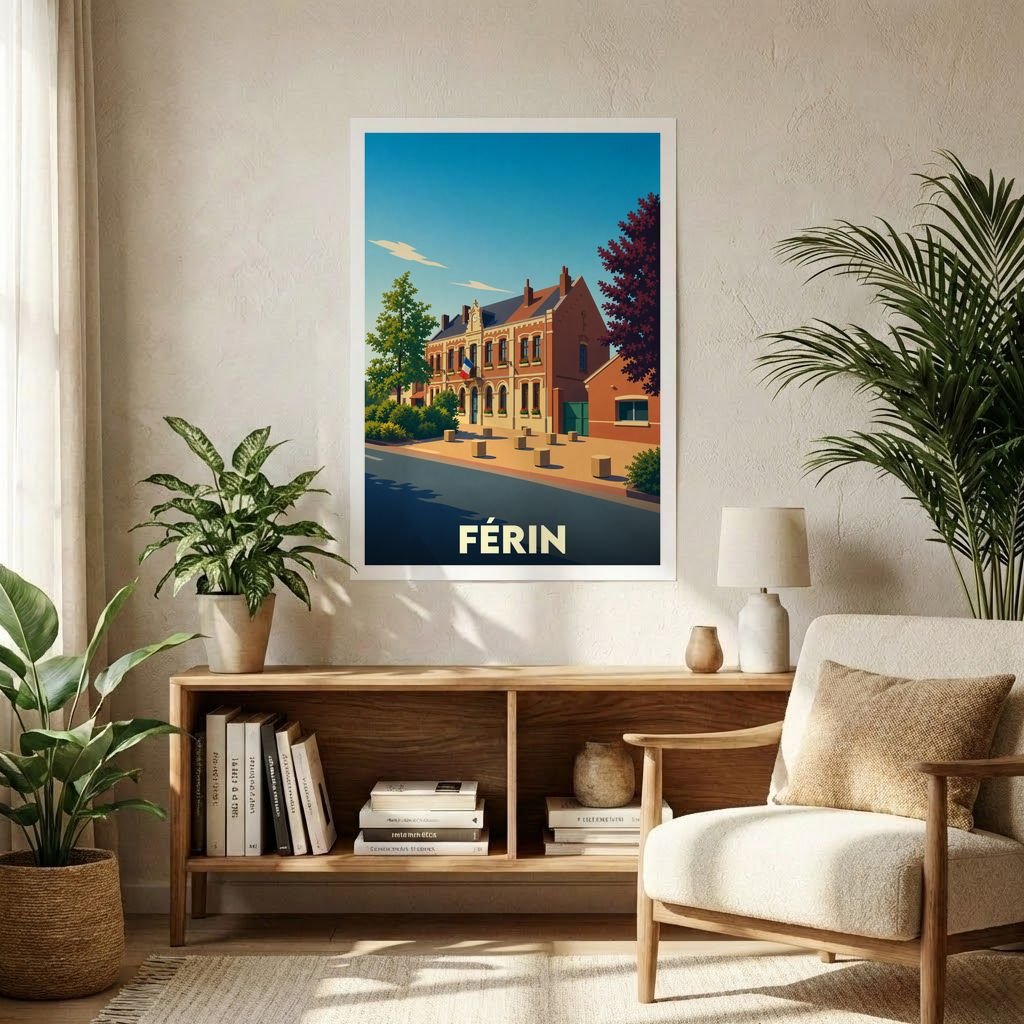 Affiche souvenir de la ville de Férin avec une illustration stylisée et colorée.