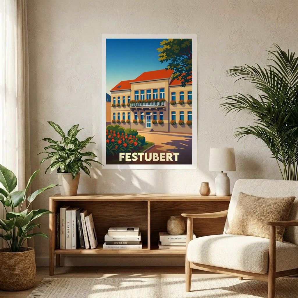 Affiche souvenir de la ville de Festubert avec une illustration stylisée et colorée.