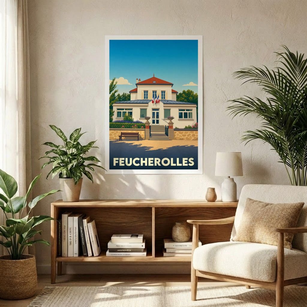 Affiche souvenir de la ville de Feucherolles avec une illustration stylisée de sa mairie.