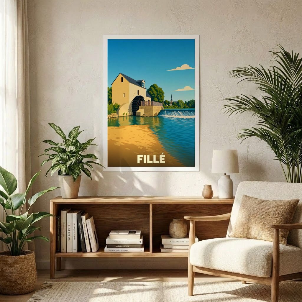 Affiche souvenir de la ville de Fillé avec une illustration stylisée d'un moulin à eau au bord de la rivière.