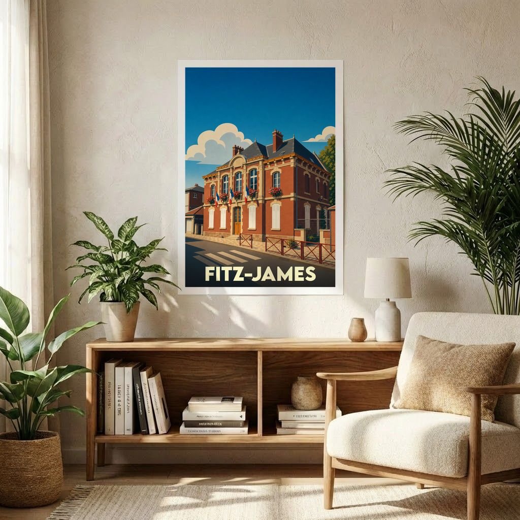 Affiche souvenir de la ville de Fitz-James avec une illustration stylisée de sa mairie.