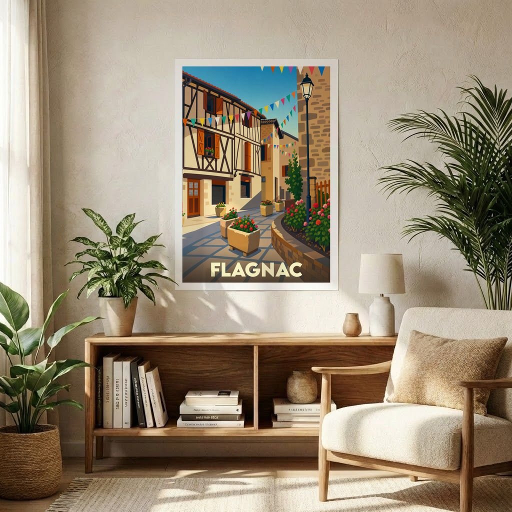 Affiche souvenir de la ville de Flagnac avec une illustration stylisée d'une rue pittoresque et fleurie.