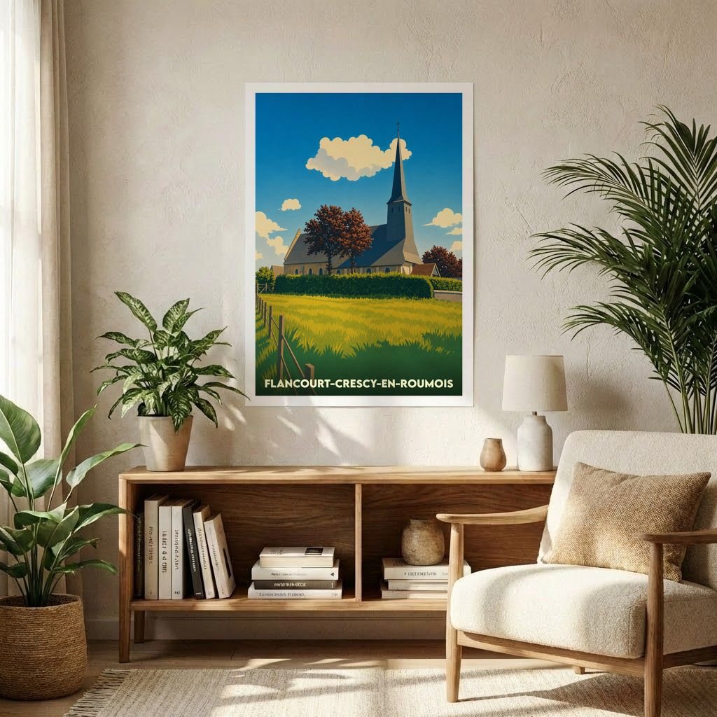 Affiche souvenir de la ville de Flancourt-Crescy-en-Roumois avec une illustration stylisée de son église et de sa campagne.