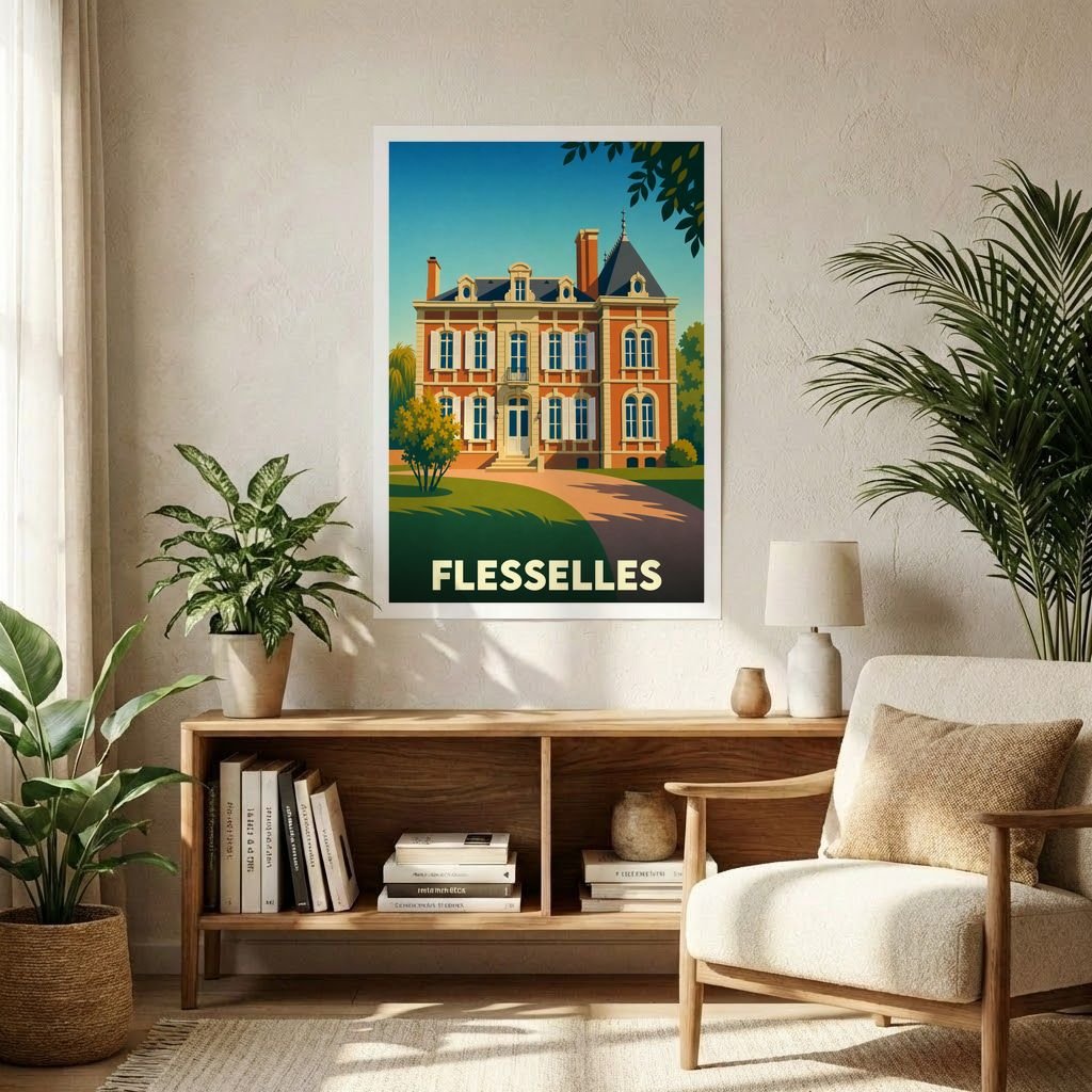 Affiche souvenir de la ville de Flesselles avec une illustration stylisée d'un manoir.