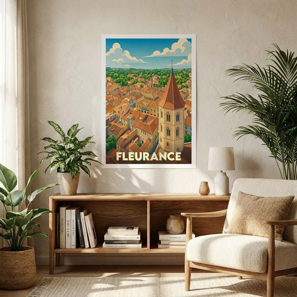 Affiche souvenir de la ville de Fleurance avec une illustration stylisée d'un clocher dominant les toits.