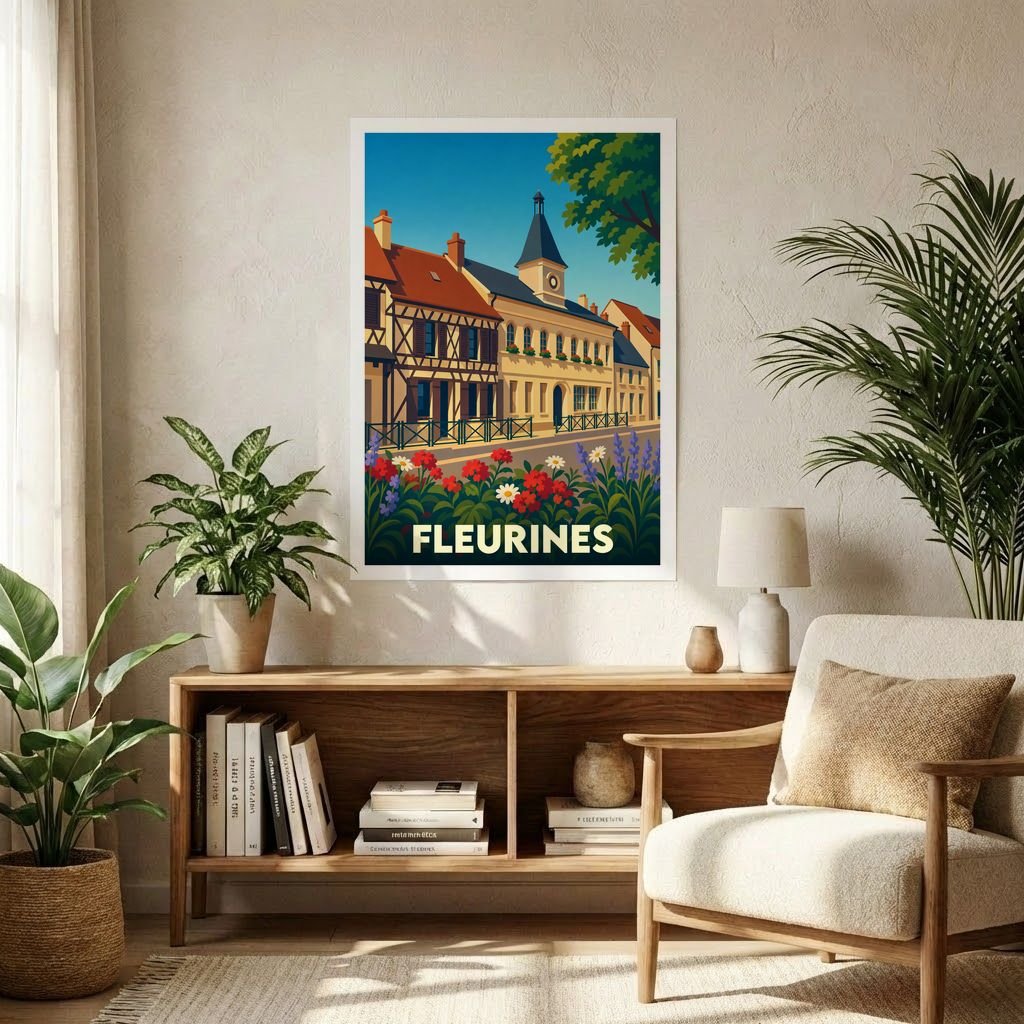 Affiche souvenir de la ville de Fleurines avec une illustration stylisée et colorée.