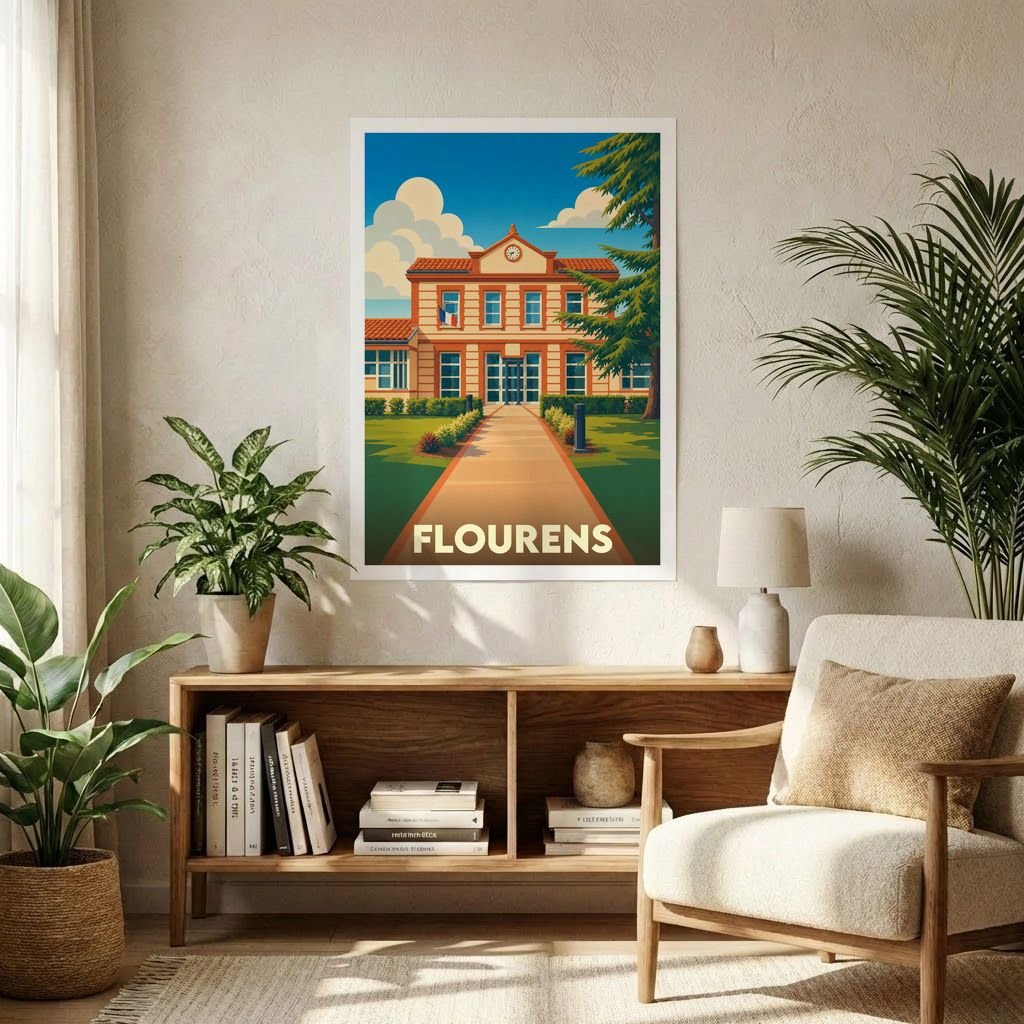 Affiche souvenir de la ville de Flourens avec une illustration stylisée d'un bâtiment emblématique et de son jardin.