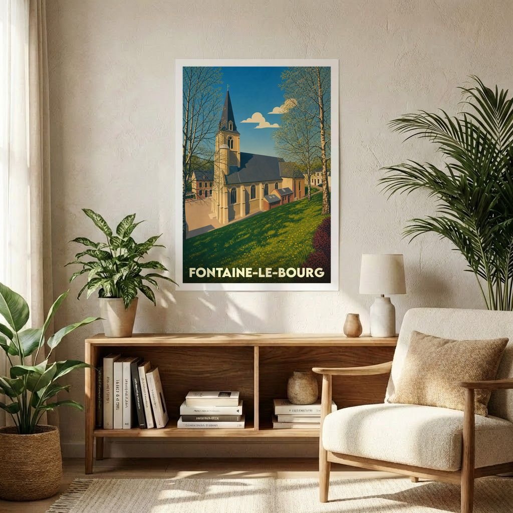Affiche souvenir de la ville de Fontaine-le-Bourg avec une illustration stylisée de son église dans un cadre champêtre.