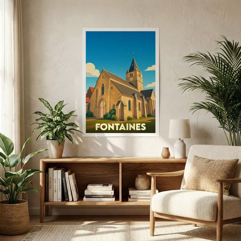 Affiche souvenir de la ville de Fontaines avec une illustration stylisée de son église sous un ciel bleu.