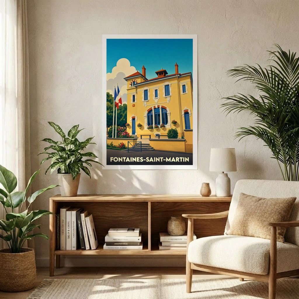 Affiche souvenir de la ville de Fontaines-Saint-Martin avec une illustration stylisée d'un bâtiment remarquable.