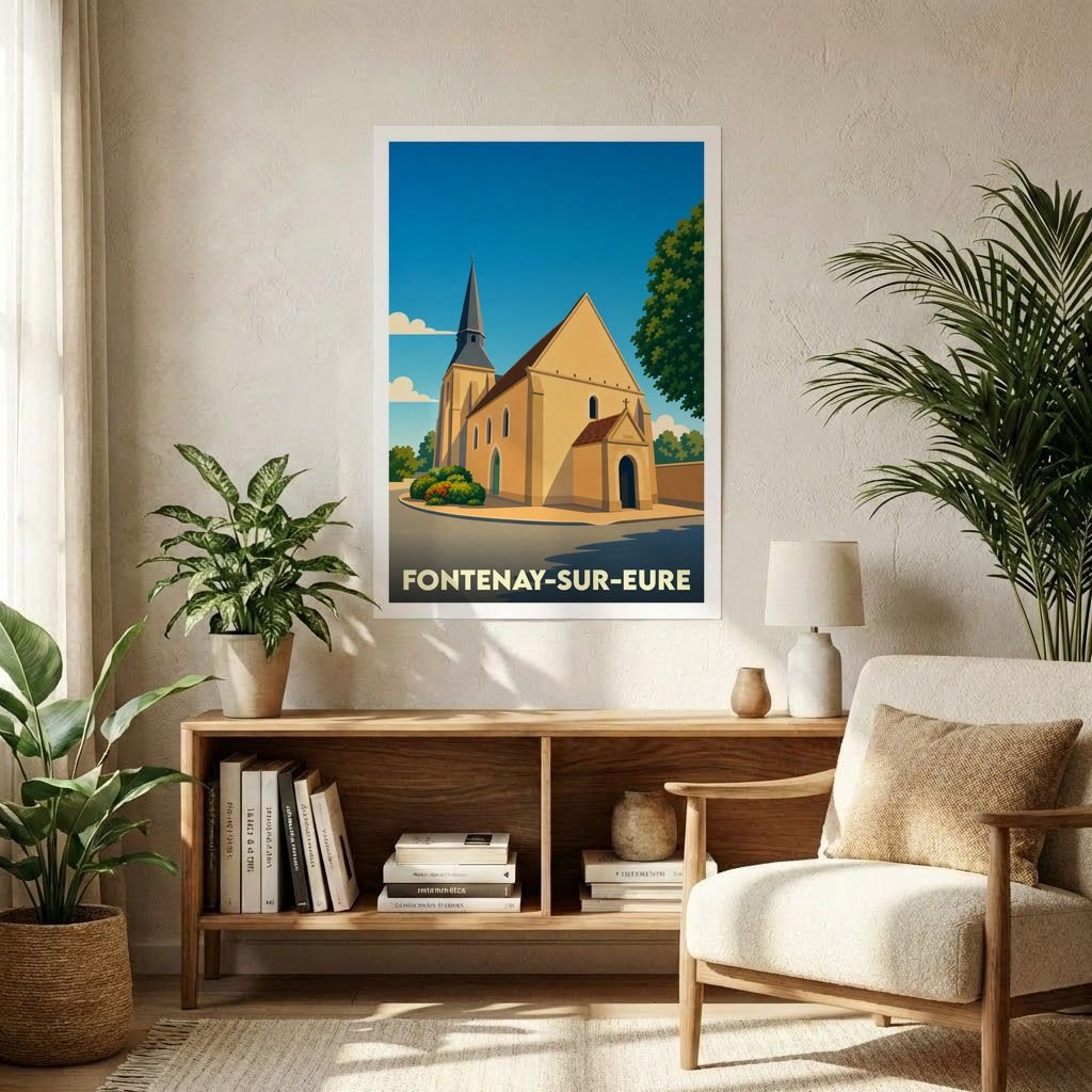 Affiche souvenir de la ville de Fontenay-sur-Eure avec une illustration stylisée de son église.
