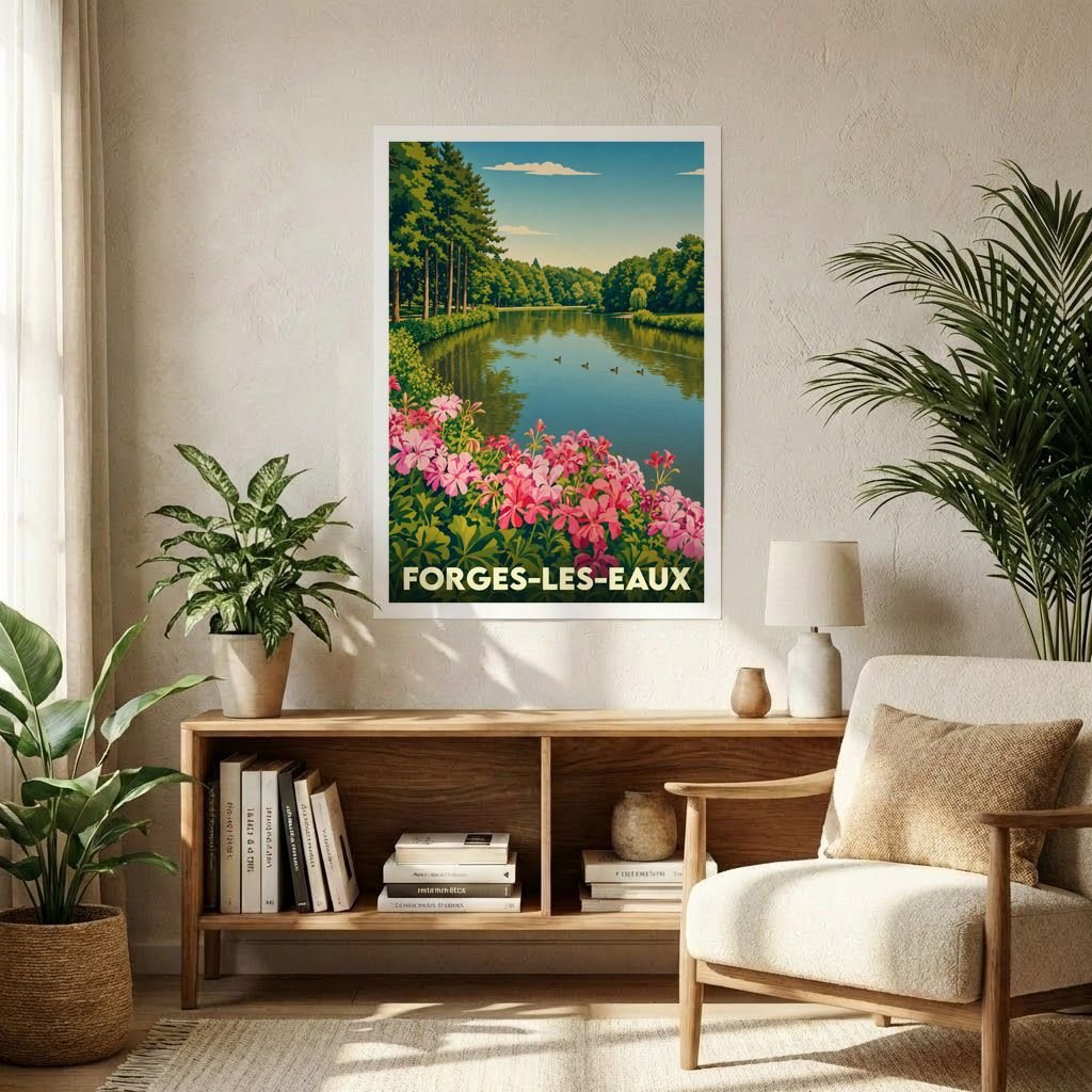 Affiche souvenir de la ville de Forges-les-Eaux avec une illustration stylisée de son lac bordé de fleurs roses.