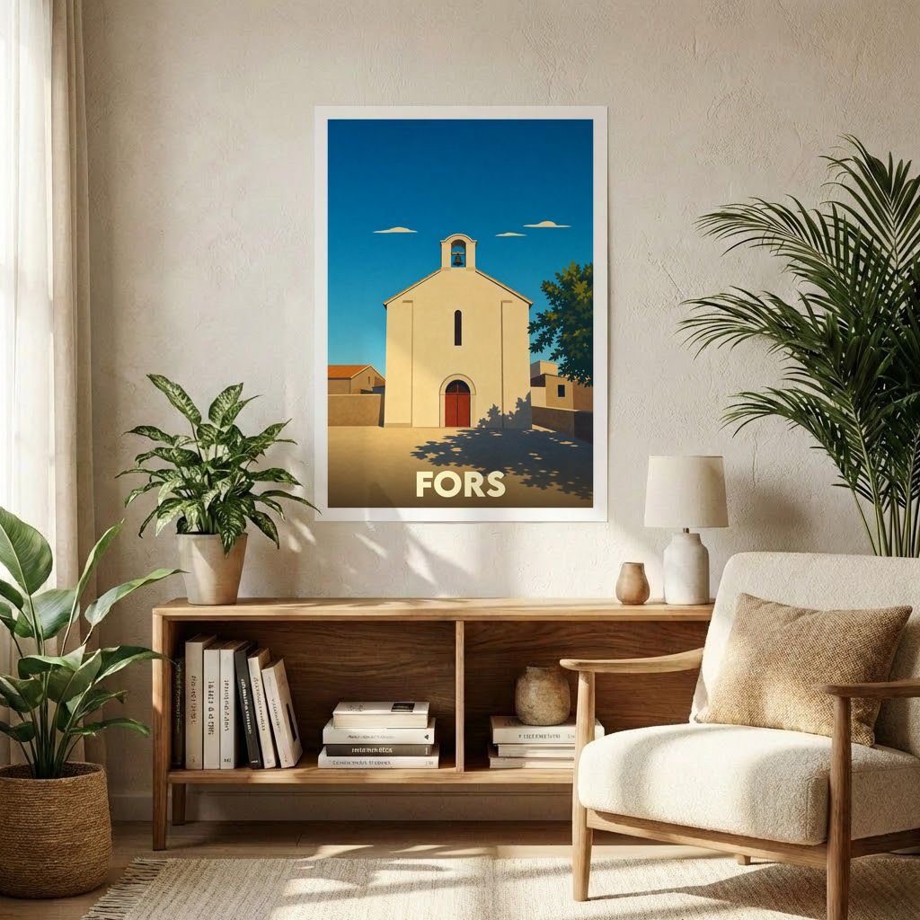 Affiche souvenir de la ville de Fors représentant une église sous un ciel bleu dans un style graphique épuré.