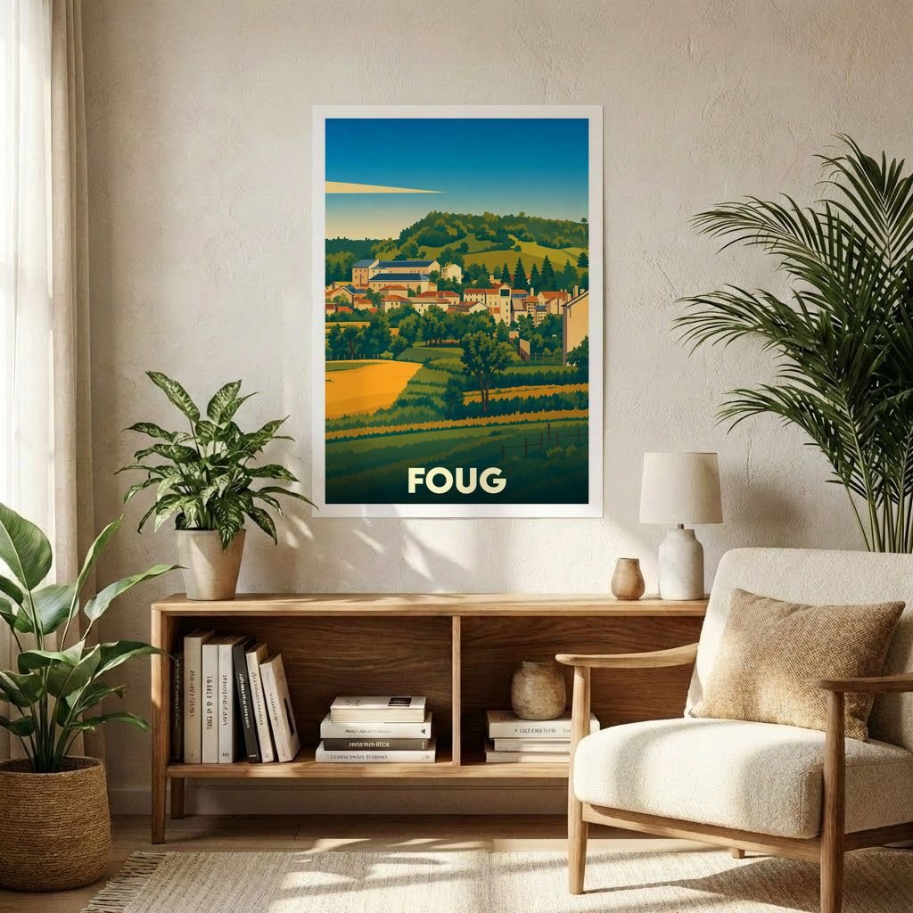 Affiche souvenir de la ville de Foug présentant une illustration stylisée d'un paysage vallonné et de son village.