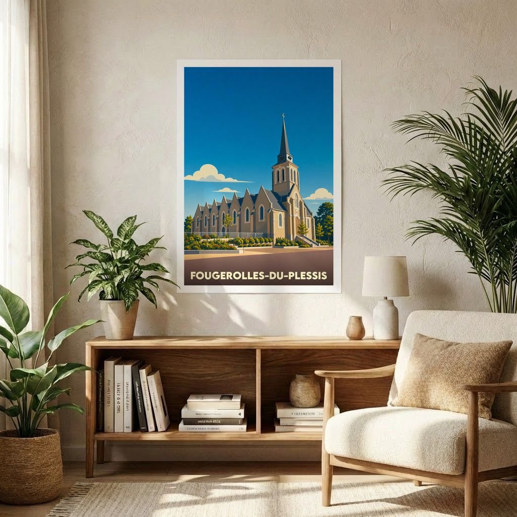 Affiche souvenir de la ville de Fougerolles-du-Plessis avec une illustration stylisée de son église.