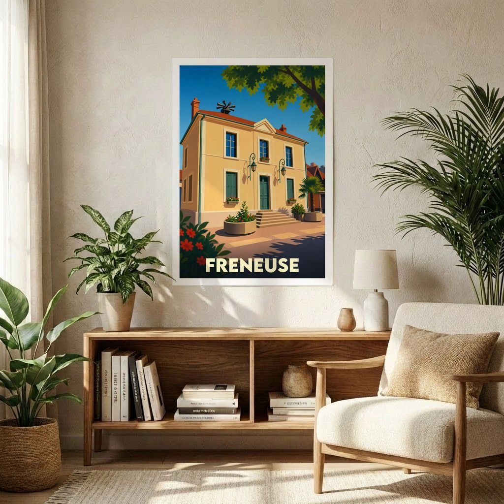 Affiche souvenir de la ville de Freneuse présentant une illustration stylisée d'une maison ensoleillée dans un cadre chaleureux.