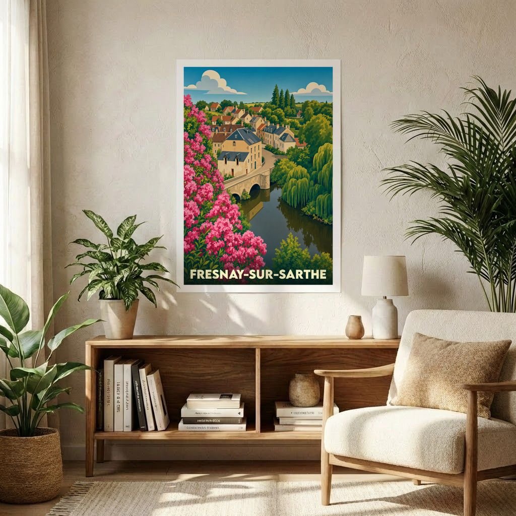 Affiche souvenir de la ville de Fresnay-sur-Sarthe avec une illustration stylisée d'un pont enjambant une rivière bordée de fleurs roses.