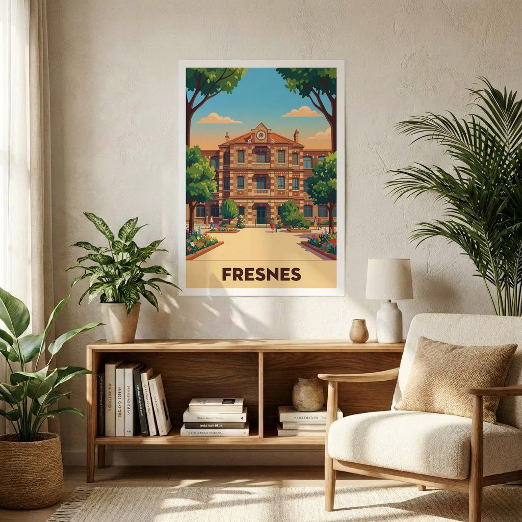 Affiche souvenir de la ville de Fresnes avec une illustration stylisée.