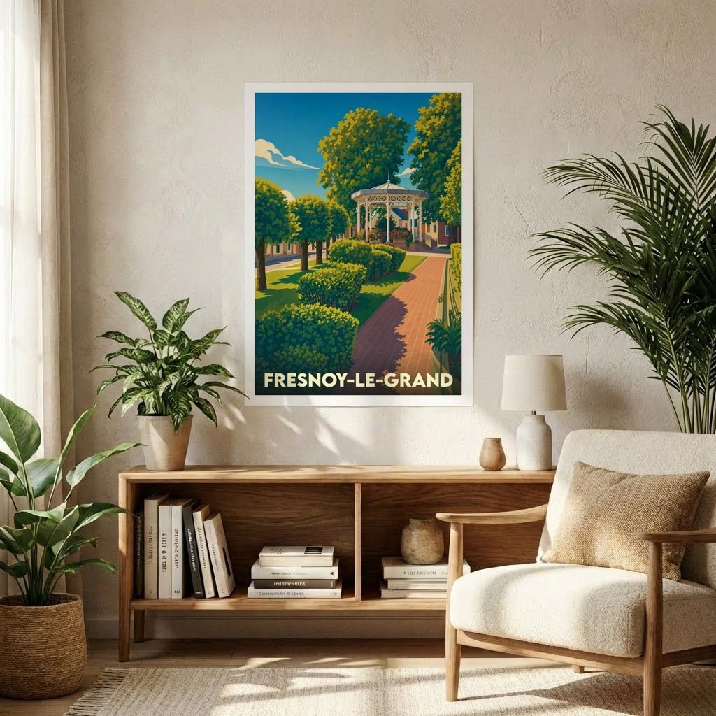 Affiche souvenir de la ville de Fresnoy-le-Grand illustrant un kiosque dans un parc verdoyant.
