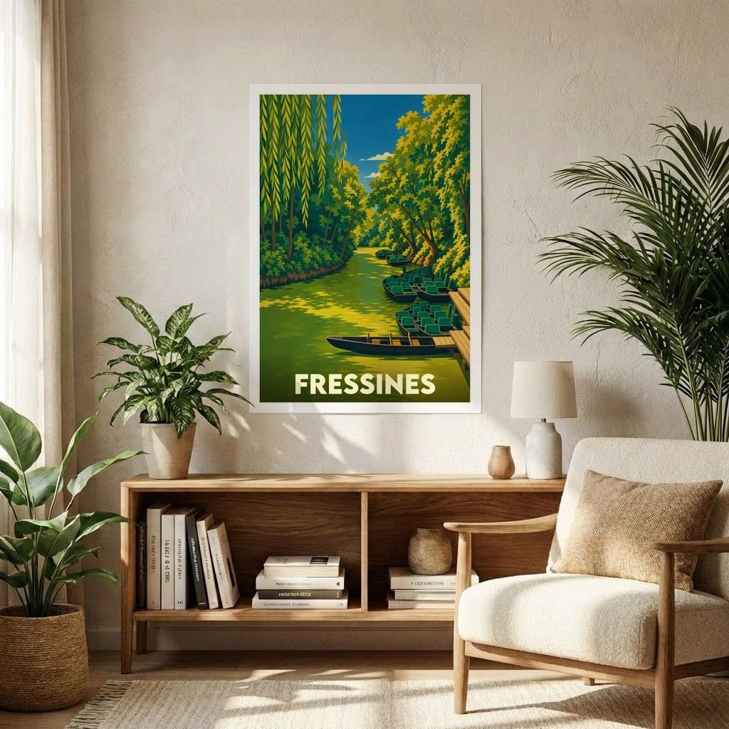 Affiche souvenir de la ville de Fressines représentant une illustration stylisée d'un cours d'eau boisé avec des barques.
