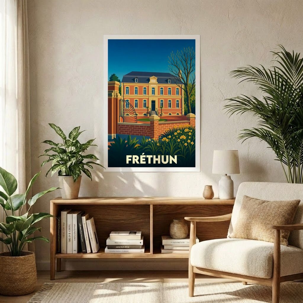 Affiche souvenir de la ville de Fréthun présentant une illustration stylisée d'un manoir en briques.